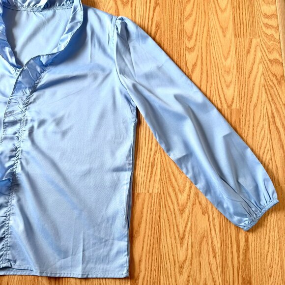 Blue Ruffled V Neck Blouse Womens XL Puff Sleeves Soft Girl Light Academia Offic - Picture 5 of 9